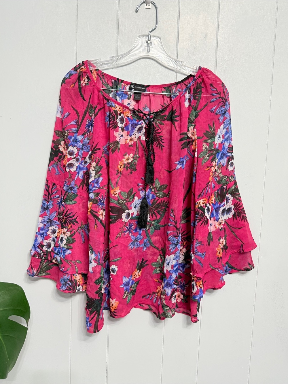 #1) new directions Fuchsia Floral Tie-Front Peasant Sheer Top